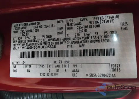 2021 Ford Escape Sel z USA, uszkodzony, nr VIN 1FMCU0H60MUB05836